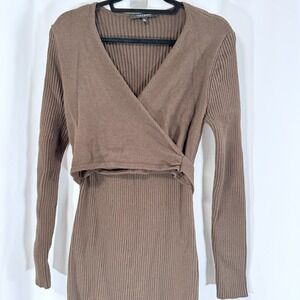 Toccin Womens Sweater Dress Size Large Cotton Wool Blend Ribbed V-neck Tie Front